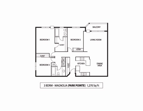 Floor plan for 3 beds, 2 baths, 1270 sqft